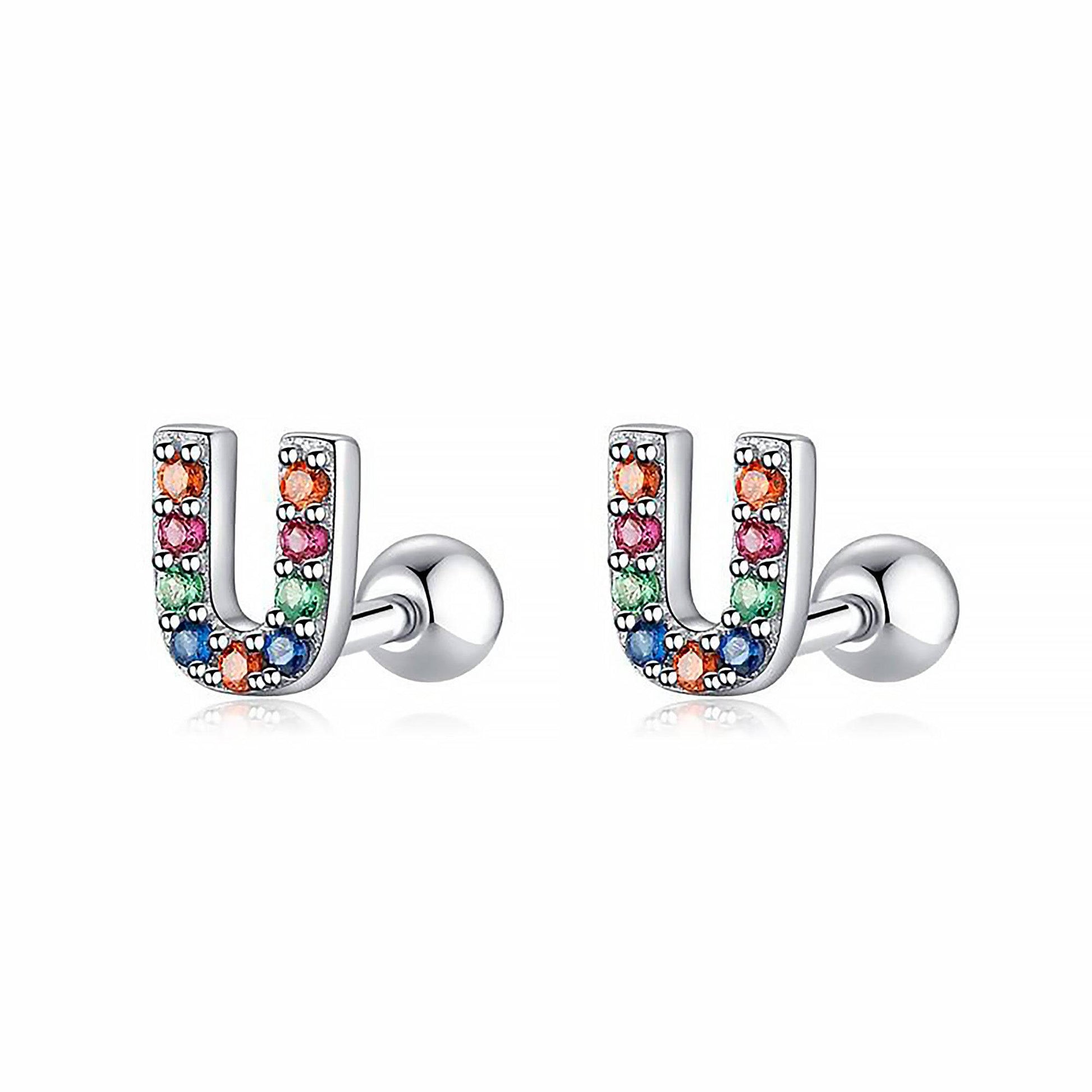 Silberne Ohrringe mit bunten Buchstaben, Schmuck, modisch, Damenaccessoire, Geschenkidee.