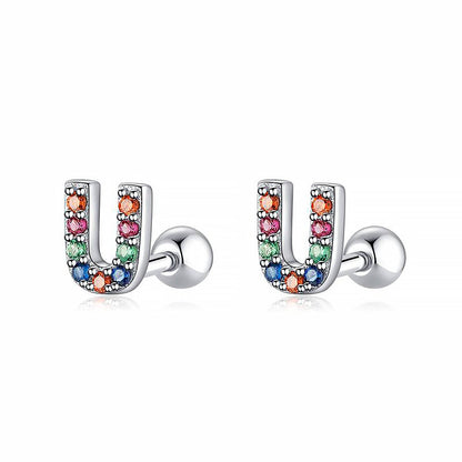 Silberne Ohrringe mit bunten Buchstaben, Schmuck, modisch, Damenaccessoire, Geschenkidee.