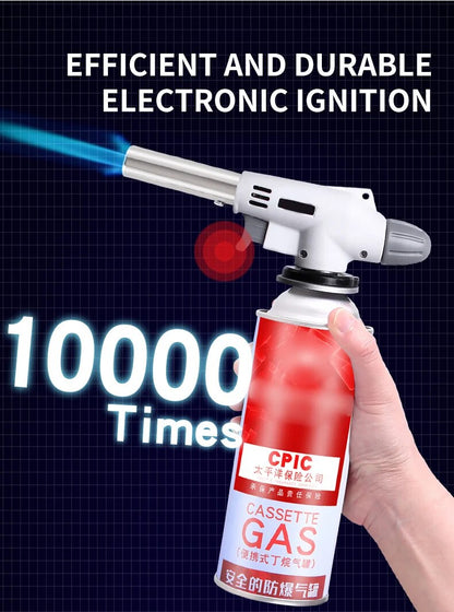 Handgasbrenner mit elektronischer Zündung, rote Gaskartusche, blauer Flammenstrahl.