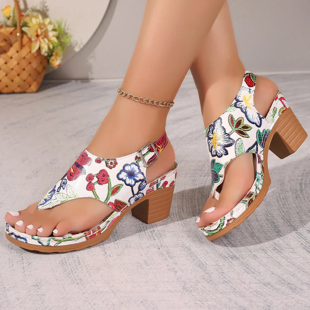 Sandalen Damen | Blumenmuster bunt | Blockabsatz mittelhoch | dicke Sohle | bequem-Luzern Mode