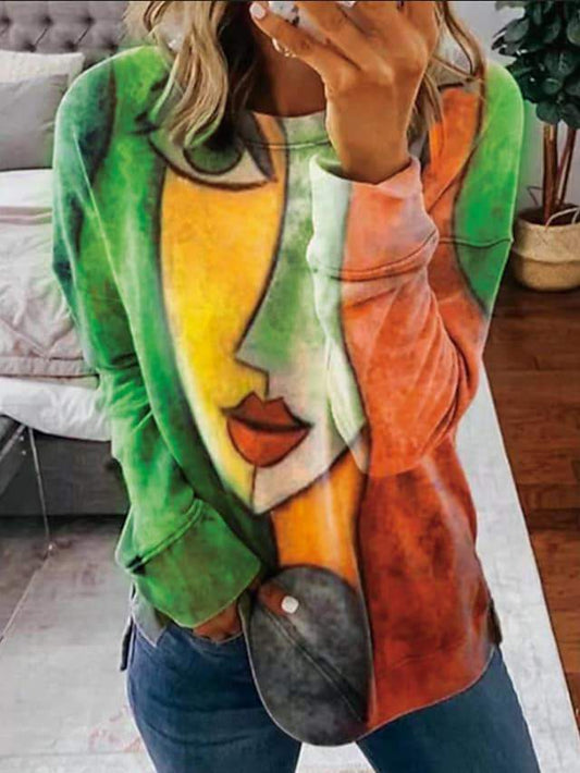 Farbiger Damenpullover mit abstraktem Gesichtsmuster, langärmelig, lässig, modisch.