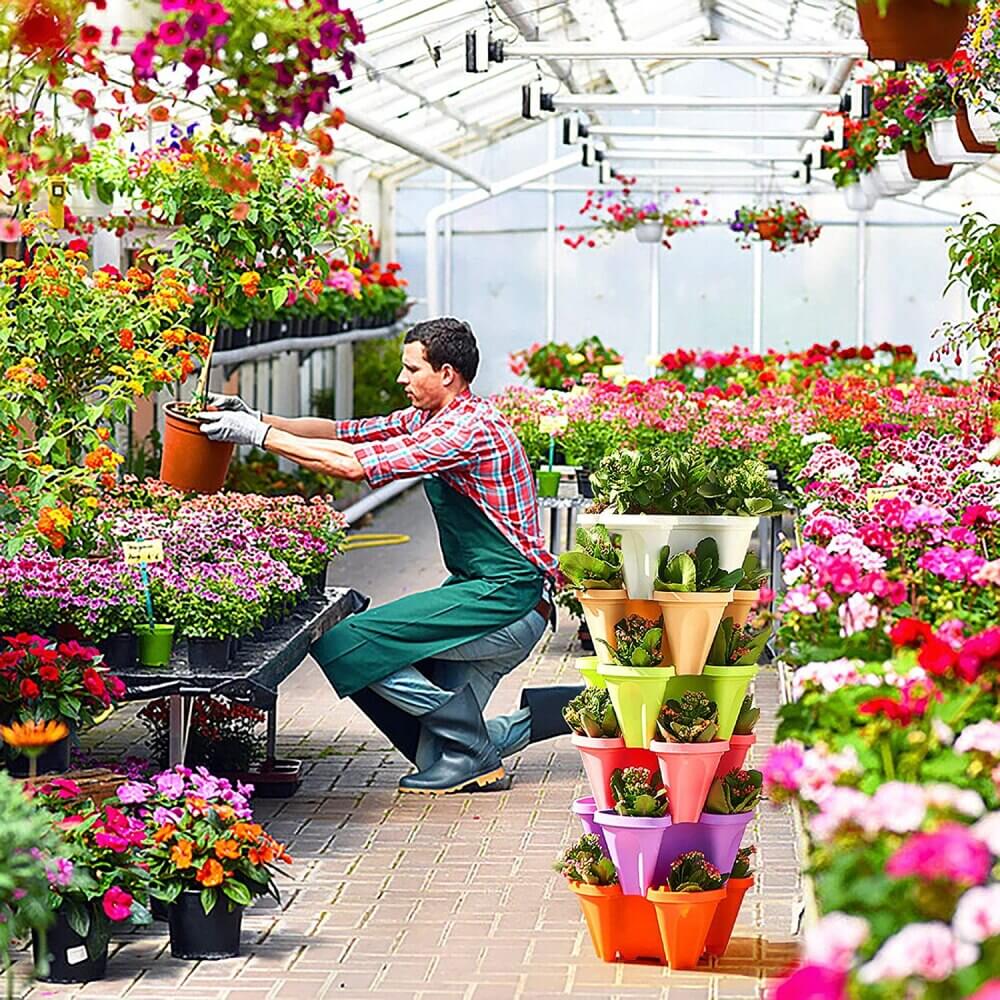 Mann in Gewächshaus mit bunten Blumen und stapelbaren Pflanzgefäßen, Gartenarbeit, Pflanzenpflege.