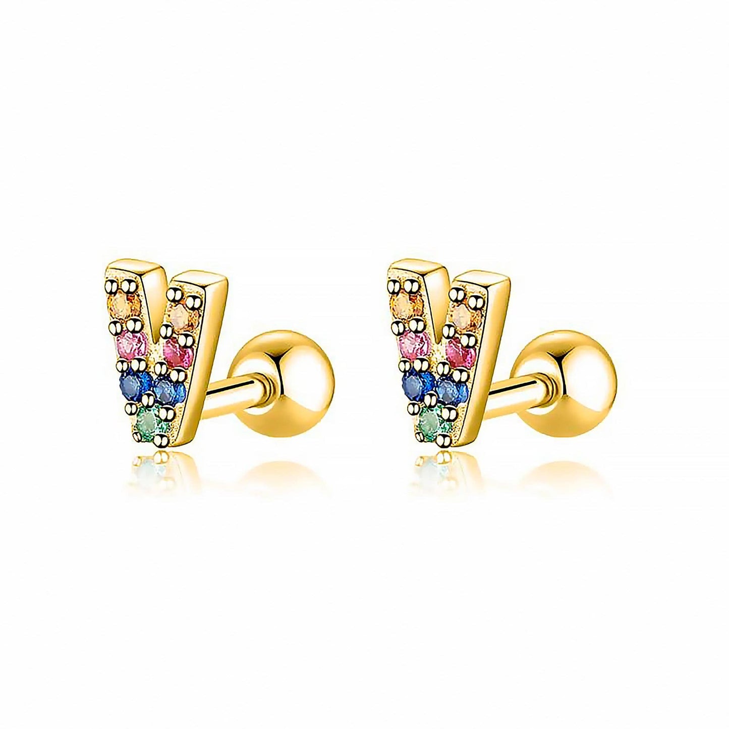 Goldene Ohrringe mit bunten Buchstaben, Schmuck, modisch, Damenaccessoire, Geschenkidee.