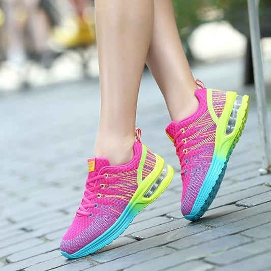 Damen-Laufschuhe, pink-gelb, atmungsaktiv, Sportschuhe, Straßenlauf, modisch, bequem.