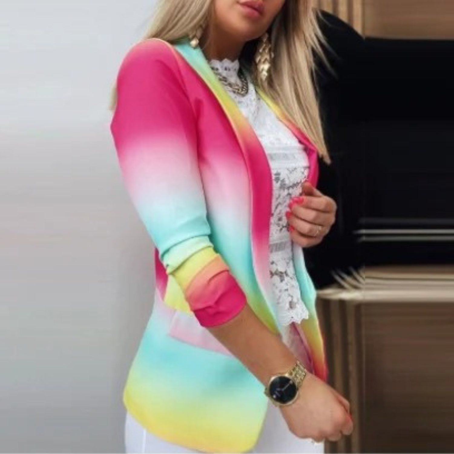 Damenblazer mit Schmetterlingsdruck, mehrfarbig, modisch, elegant, für Frühling und Sommer.