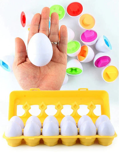 Bunte Lernspielzeug-Eier aus Kunststoff in gelber Box, pädagogisches Spielzeug für Kinder.