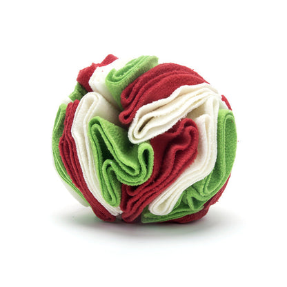 Bunte Schnüffelball für Hunde, rot-grün-weiß, interaktives Spielzeug aus Fleece.