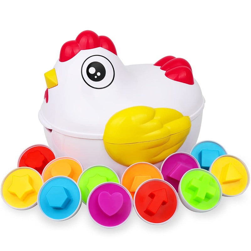 Buntes Hühnerspielzeug mit Formen, Lernspielzeug für Kinder, pädagogisches Steckspiel.