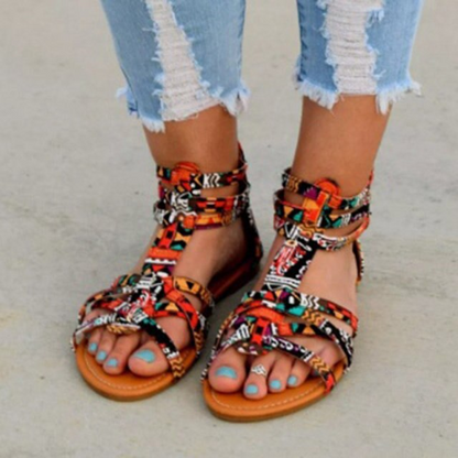 Bunte Damen-Sandalen, Boho-Stil, flach, Gladiator, Sommer, Größe 35-43, mit Knöchelriemen.