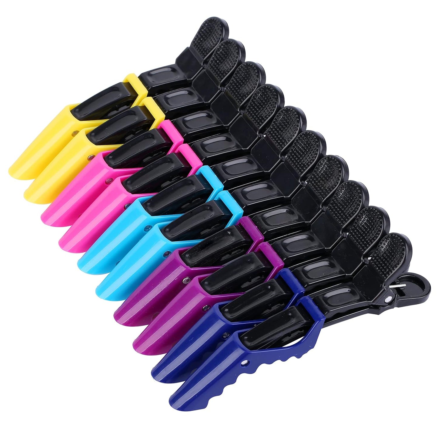 12 bunte Haarclips aus Kunststoff, Friseur-Haarklammern, schwarz, gelb, pink, blau, lila.