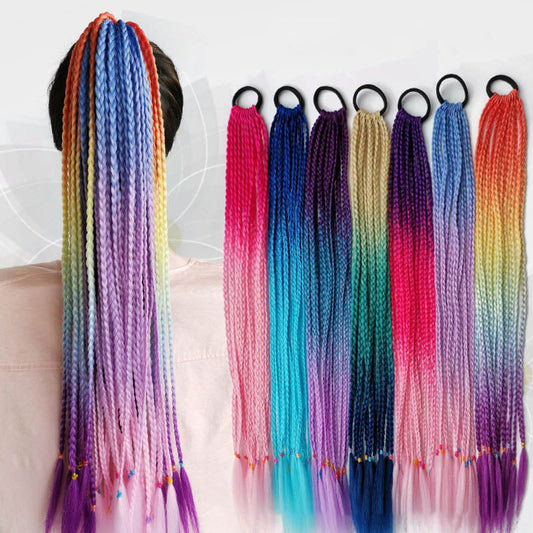 Bunte geflochtene Haarverlängerungen, Regenbogenfarben, synthetisch, für Cosplay und Partys.