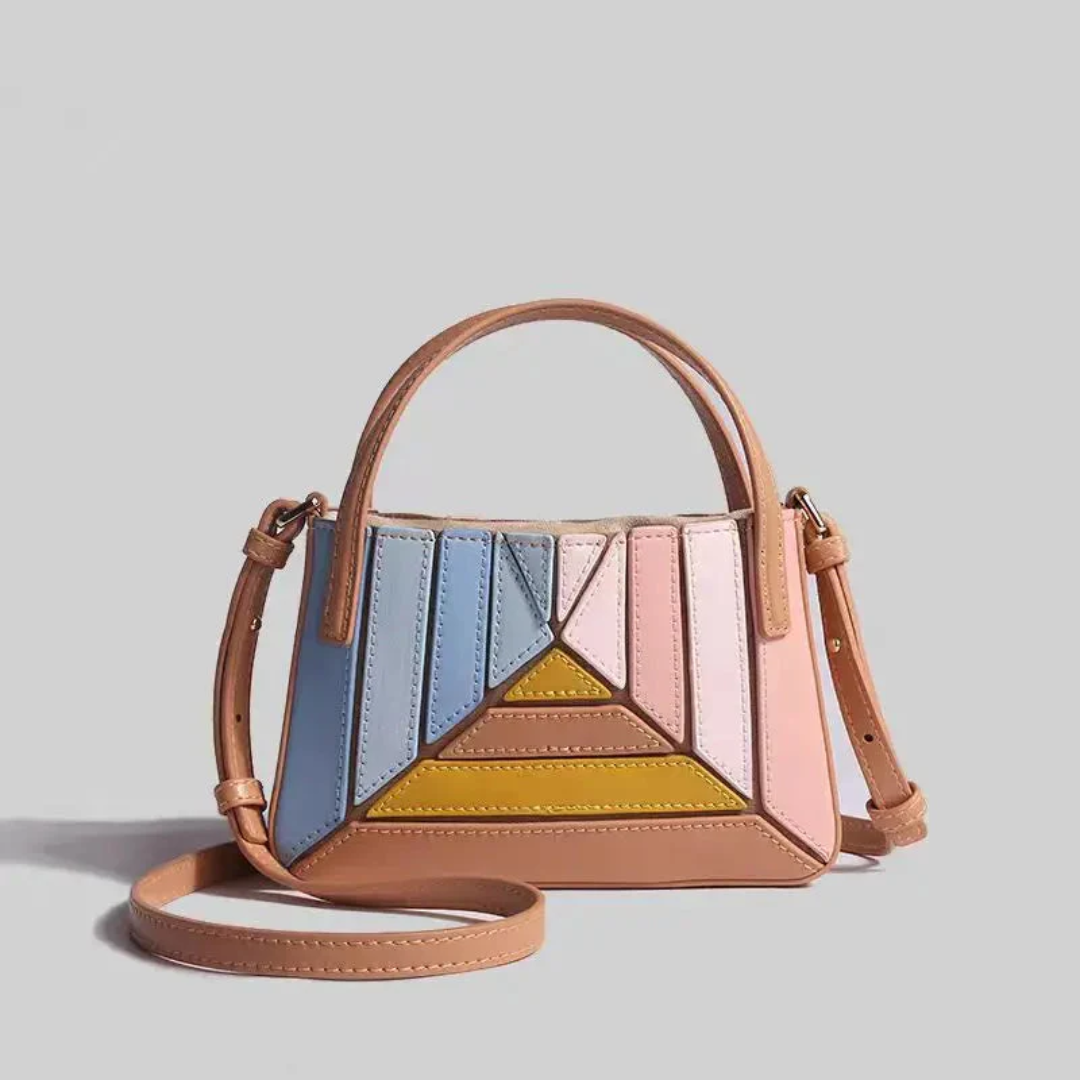Bunte Damenhandtasche aus Leder mit geometrischem Muster, verstellbarem Riemen, modisch.