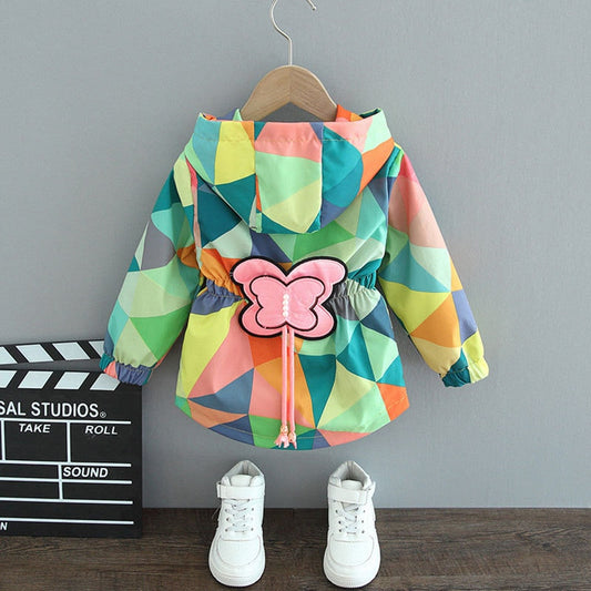 Bunte Kinderjacke mit Schmetterlingsmotiv, geometrisches Muster, Kapuze, Frühling Herbst Mode.