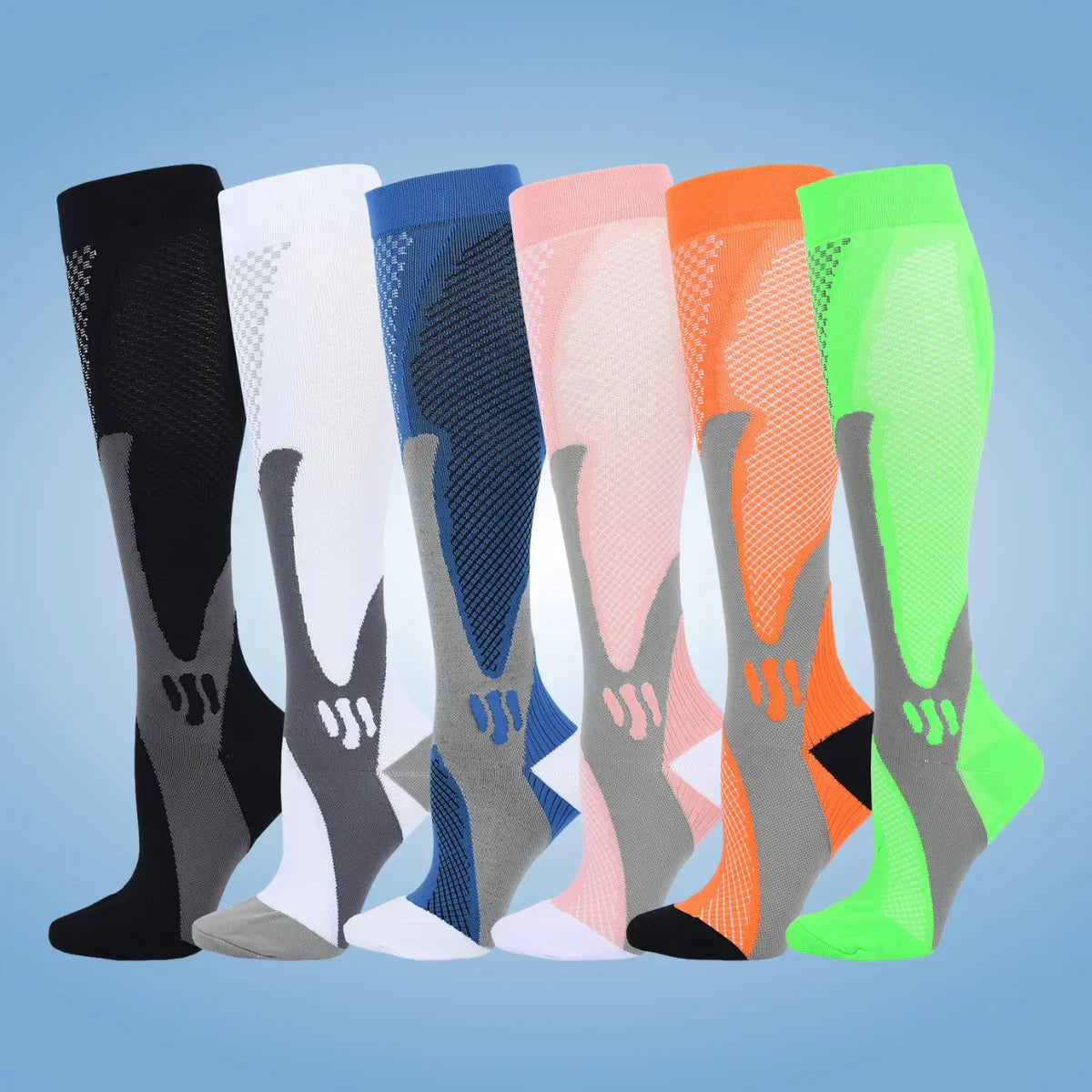Bunte Kompressionsstrümpfe für Sport, Unisex, atmungsaktiv, verschiedene Farben.