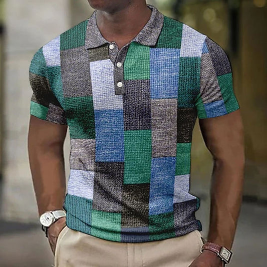 Männer-Polohemd, Patchwork-Design, grün-blau, kurzärmelig, Freizeitmode, Baumwolle.