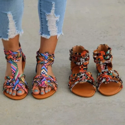 Bunte Damen-Sandalen, Ethno-Muster, flach, Sommermode, offene Zehen, bequem, Freizeit.