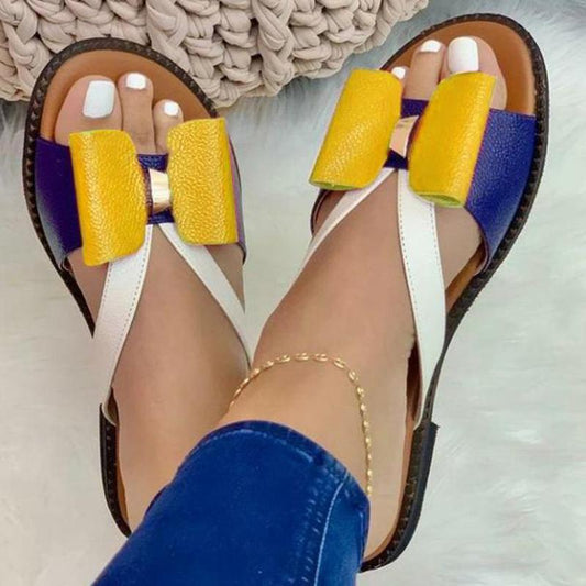 Damen Sandalen, gelb-blau, Leder, Schleife, Sommermode, bequem, flach, modisch