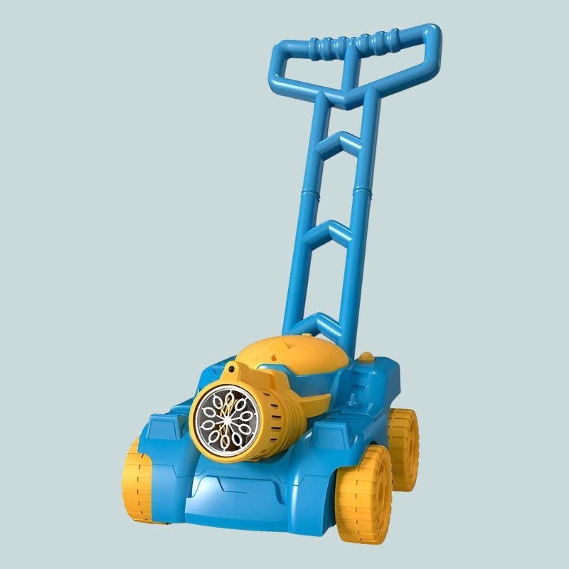 Blauer und gelber Seifenblasen-Rasenmäher für Kinder, Spielzeug, Outdoor-Spaß.