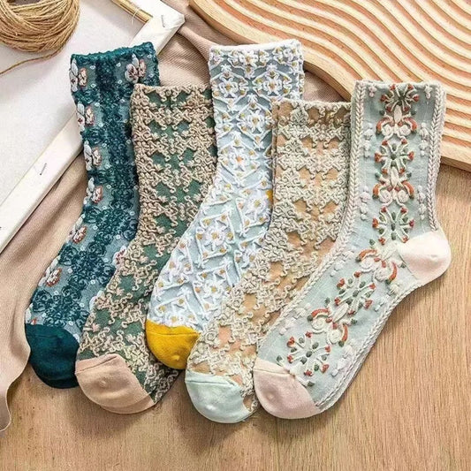 Bunte bestickte Damensocken aus Baumwolle, florales Design, 5er-Pack, modisch und bequem.
