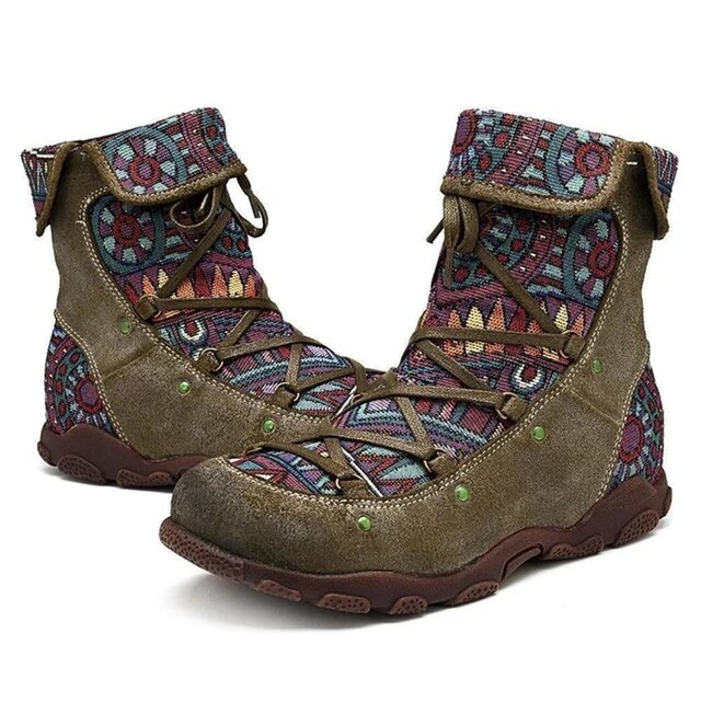 Armeegrüne Stiefel, bunte Muster, Damen, Outdoor, Wandern, Leder, rutschfest, bequem