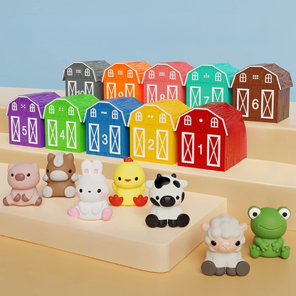 Bunte Bauernhof-Spielzeughäuser und Tiere, Lernspielzeug für Kinder, Zahlen und Farben.