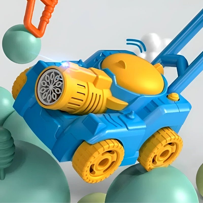 Blauer und gelber Seifenblasen-Rasenmäher-Spielzeug für Kinder, Kunststoff, Outdoor-Spielzeug.