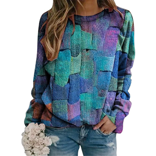 Frau in buntem Strickpullover mit Blumenstrauß, lässige Mode, Herbstkleidung.