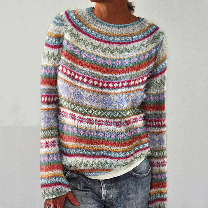 Bunter Damenpullover mit Norwegermuster, Strick, langärmelig, lässig, Wintermode.