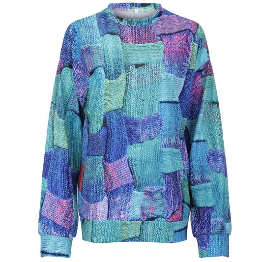 Bunter Strickpullover, Patchwork-Design, Blau- und Grüntöne, Unisex, Freizeitmode, Baumwolle.