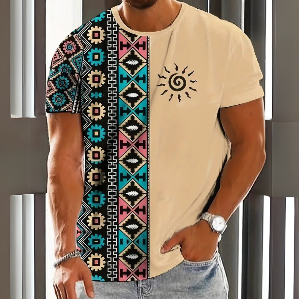 Herren T-Shirt mit Ethno-Muster, beige, kurzärmelig, Baumwolle, Freizeitmode, Sommerkleidung.