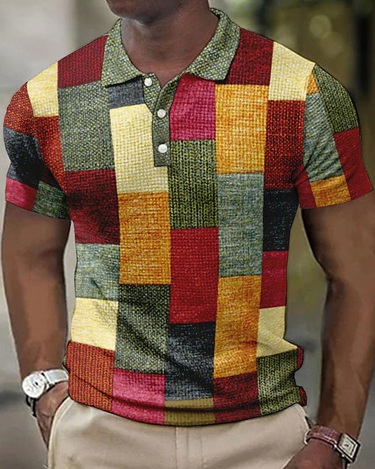 Buntes Patchwork-Poloshirt für Herren, kurzärmelig, modisch, Freizeitkleidung.