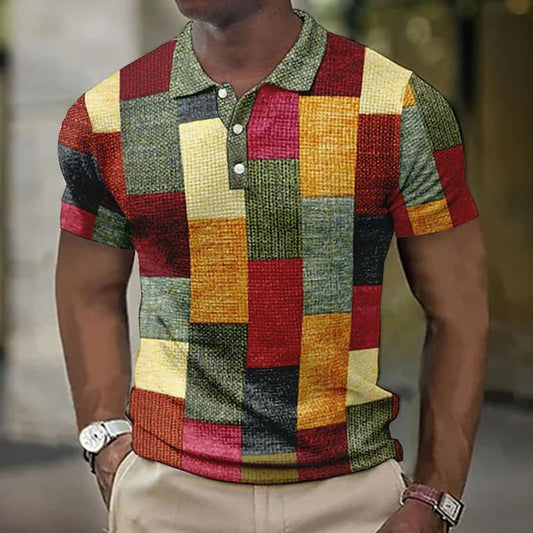 Bunte Patchwork-Poloshirt für Herren, kurzärmelig, modisch, Freizeitkleidung.