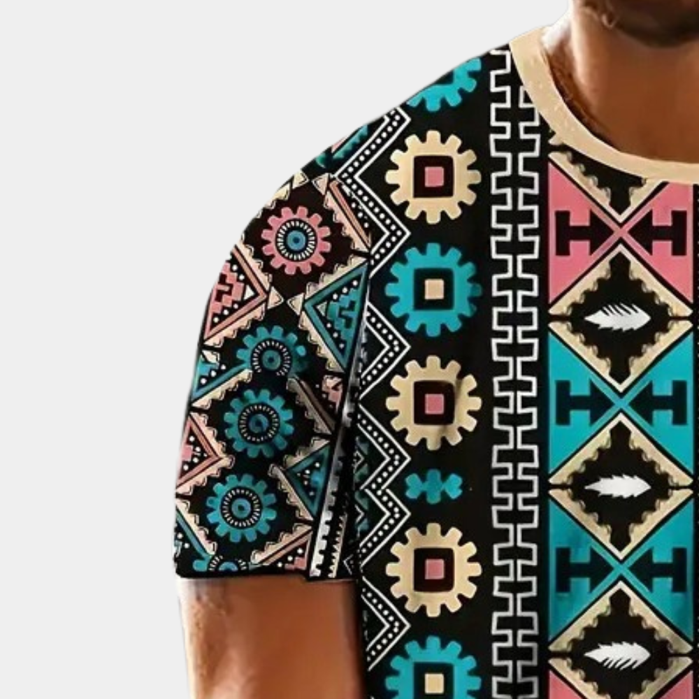 Buntes T-Shirt mit geometrischem Muster, Kurzarm, Baumwolle, Herrenmode, Ethno-Stil.