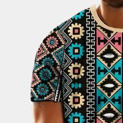 Buntes T-Shirt mit geometrischem Muster, Kurzarm, Baumwolle, Herrenmode, Ethno-Stil.