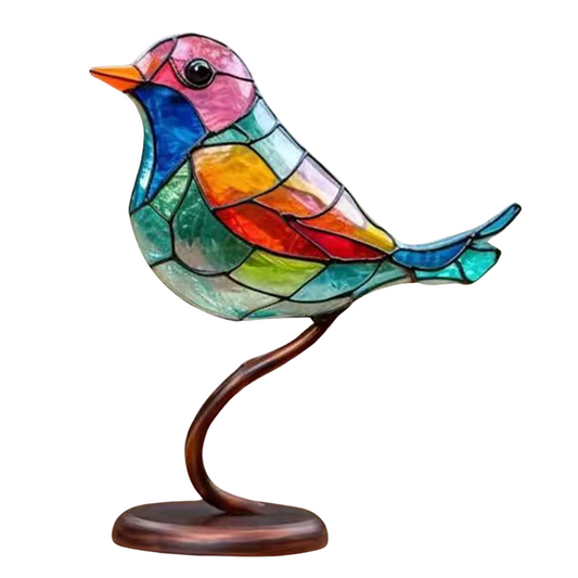 Buntes Glasvogel-Dekor, Tiffany-Stil, auf Holzsockel, handgefertigt, Wohnzimmerdekoration.
