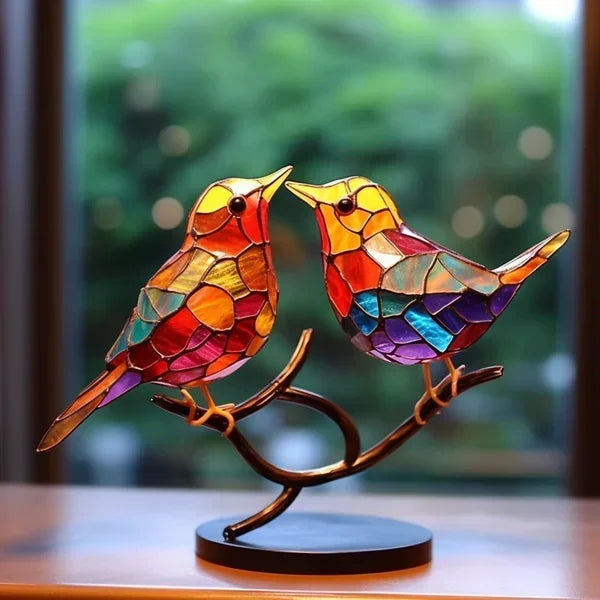 Buntes Glasvogel-Paar auf Ast, dekorative Skulptur, handgefertigt, Wohnzimmerdekoration.