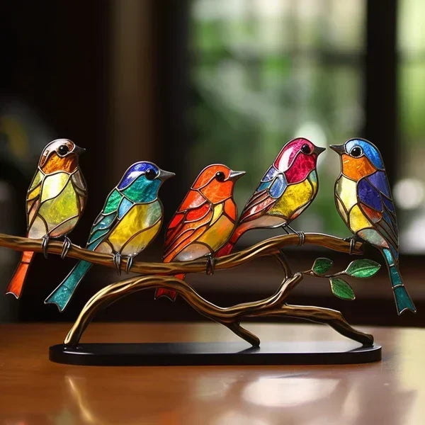 Buntes Glasvogel-Dekor auf Ast, handgefertigt, Wohnzimmer-Deko, Tiffany-Stil, 5 Vögel.