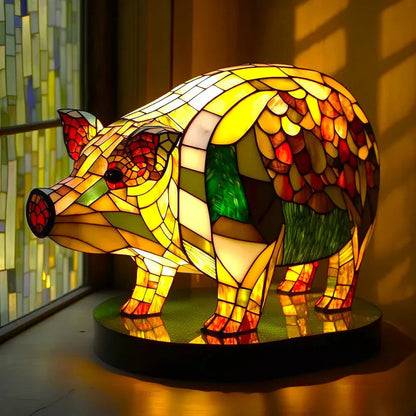 Buntes Tiffany-Glas Schwein Lampe, dekorative Beleuchtung, handgefertigt, Kunstglas, Unikat.