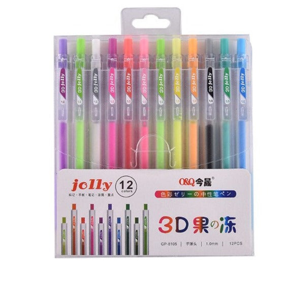 12 bunte Gelstifte Set, 3D-Effekt, 1.0mm Spitze, Kunststoffverpackung, Schreibwaren