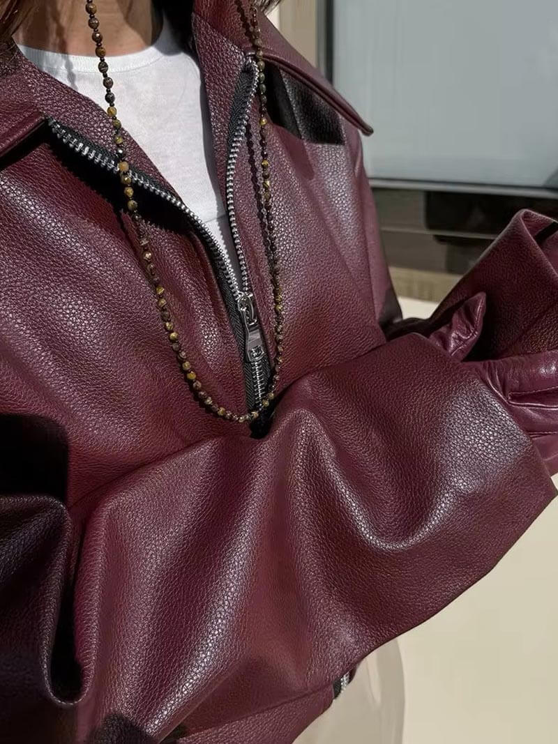 Bordeauxrote Leder Damenjacke mit Reißverschluss – Alessia