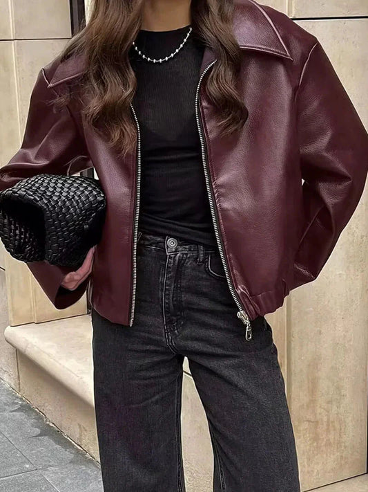 Bordeauxrote Leder Damenjacke mit Reißverschluss – Alessia