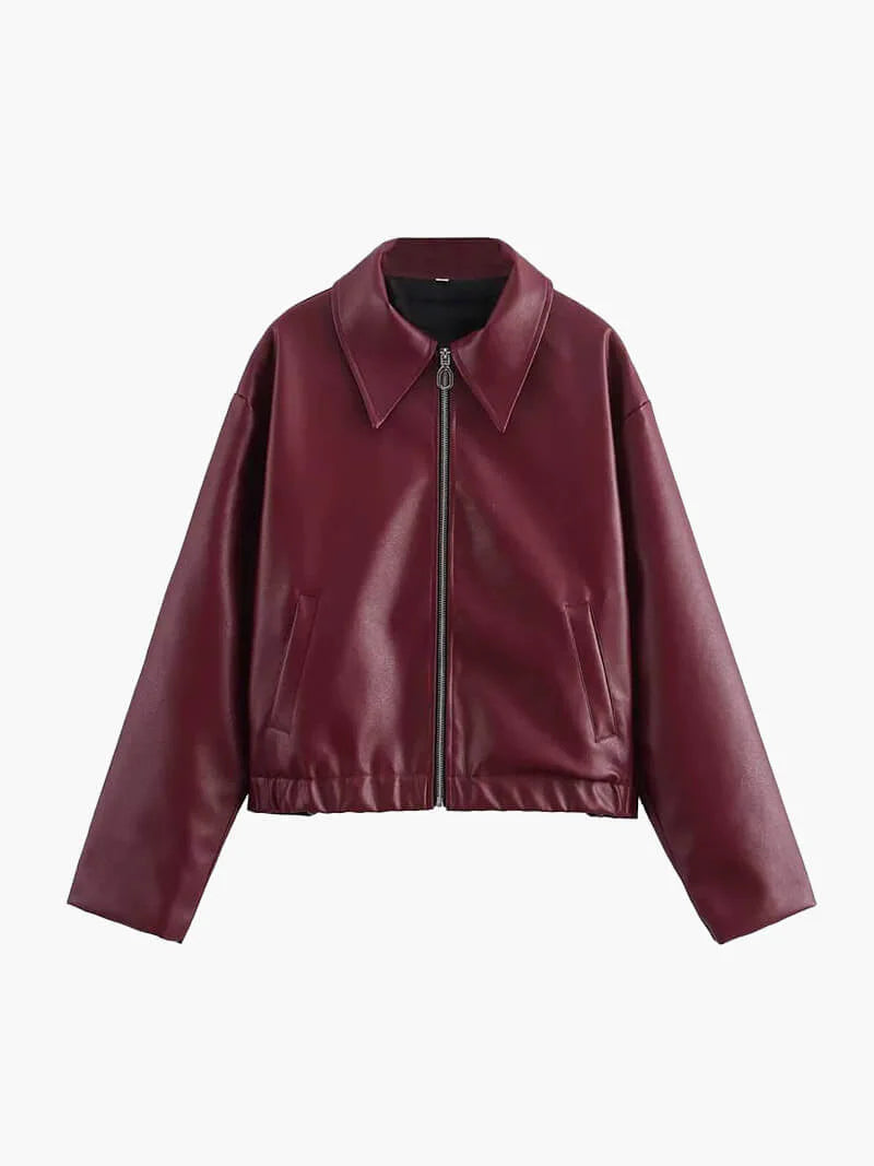 Bordeauxrote Leder Damenjacke mit Reißverschluss – Alessia