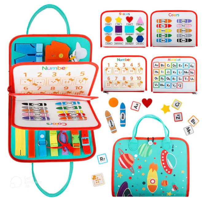 Buntes Busyboard für Kinder, Lernspielzeug mit Zahlen, Farben, Formen, Alphabet, tragbar.