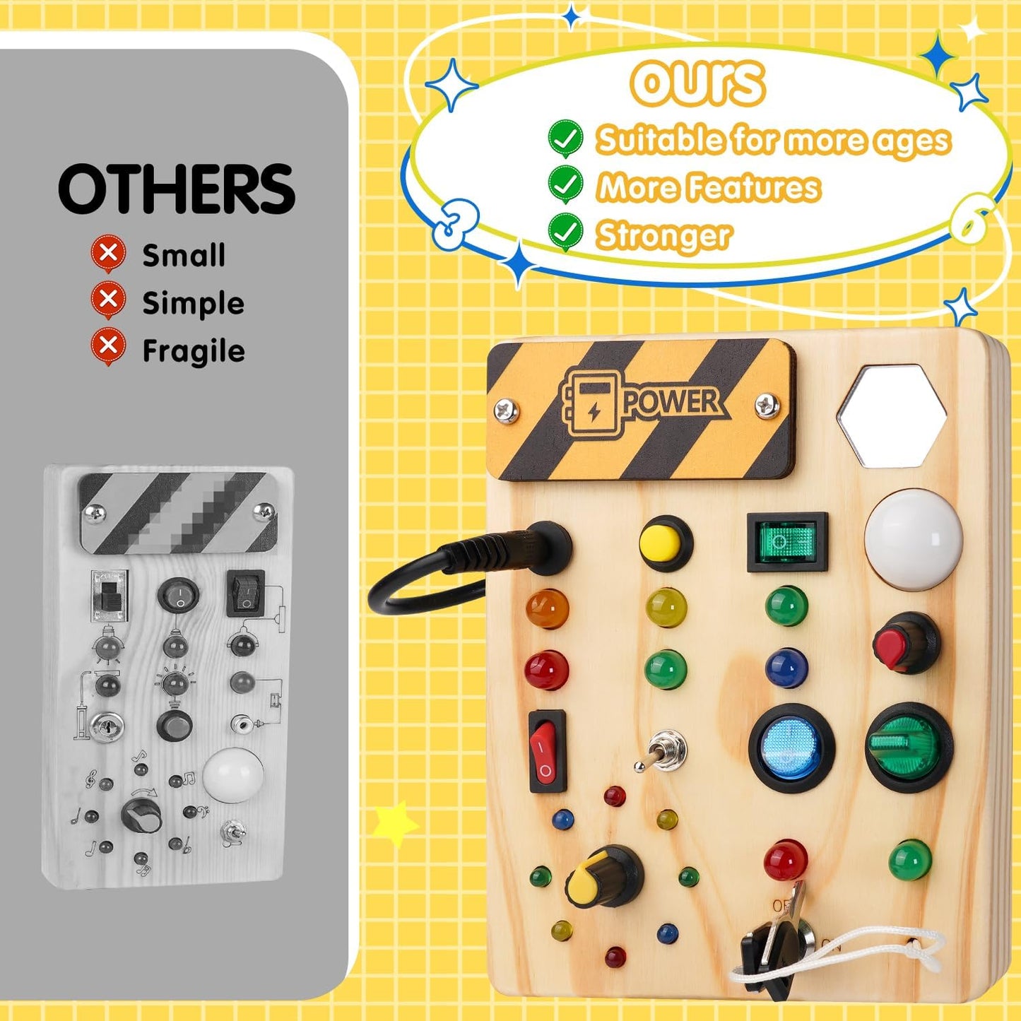 Holz Busyboard für Kinder, Lernspielzeug mit Knöpfen und Schaltern, gelb-schwarz Design