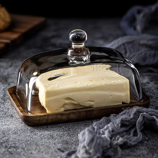 Glas-Butterdose mit Holzunterteil, rechteckig, transparent, für Küche und Esstisch.