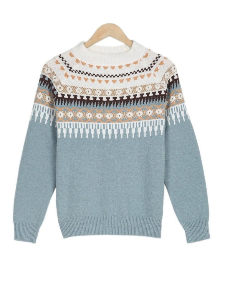 Blauer Strickpullover mit Norwegermuster, Rundhalsausschnitt, aus Baumwolle, für Damen.