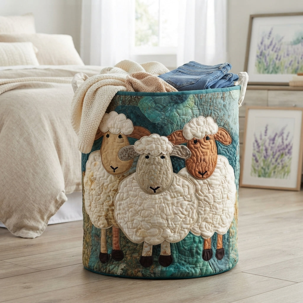 Schaf-Korb neben einem Bett, gefüllt mit Strickdecke und Jeans, vor Bildern mit Lavendelmotiv. 4