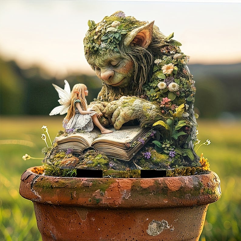 Troll mit Fee auf dem aufgeschlagenen Buch, in einem alten Terrakottatopf vor sonniger Wiese platziert. 11