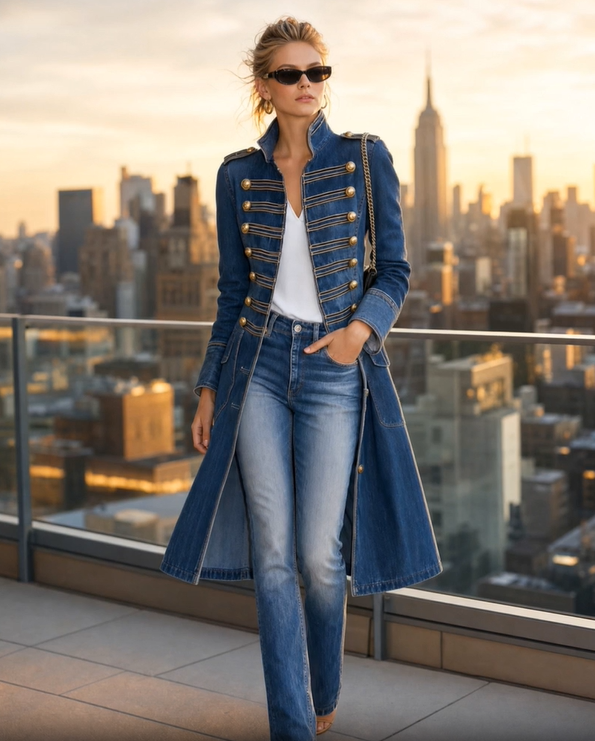 Model mit Sonnenbrille trägt den blauen Mantel auf einer Dachterrasse vor einer Skyline im Abendlicht, kombiniert mit Jeans und weißem Shirt. 3
