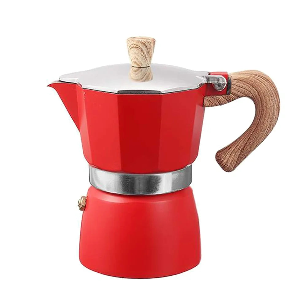 Rote Espressokanne aus Aluminium mit Holzgriff, italienisches Design, für Herdplatten.